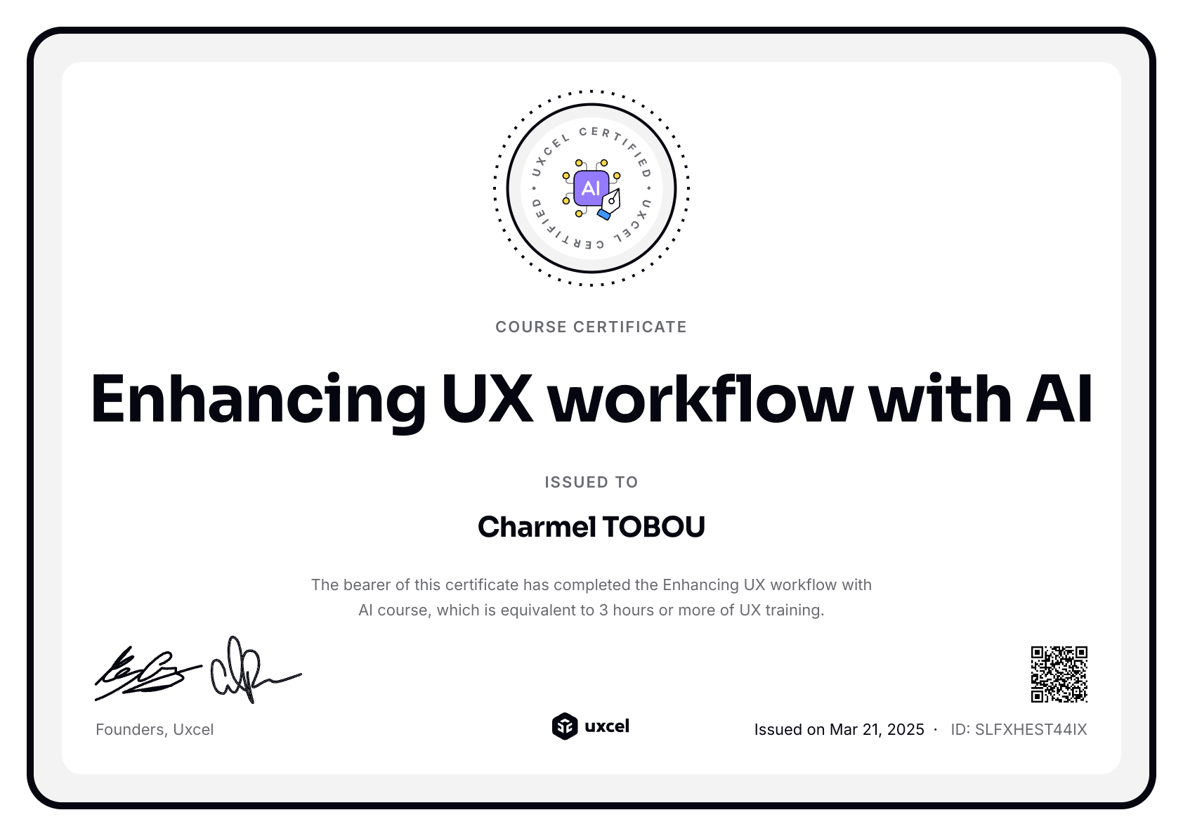 Charmel TOBOU's certificate